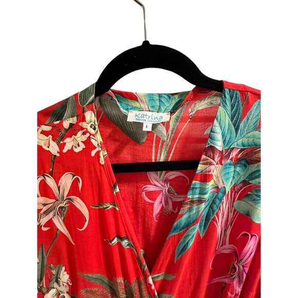 ✌️ 2/$40 ✌️ Italian Designer Red Floral Tie Wrap Dress with Ruffled Hem sz L - Picture 3 of 8